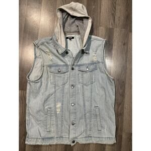 Jackson Trucker Vest Men's XL Blue Denim Cotton Distressed Pockets Hooded